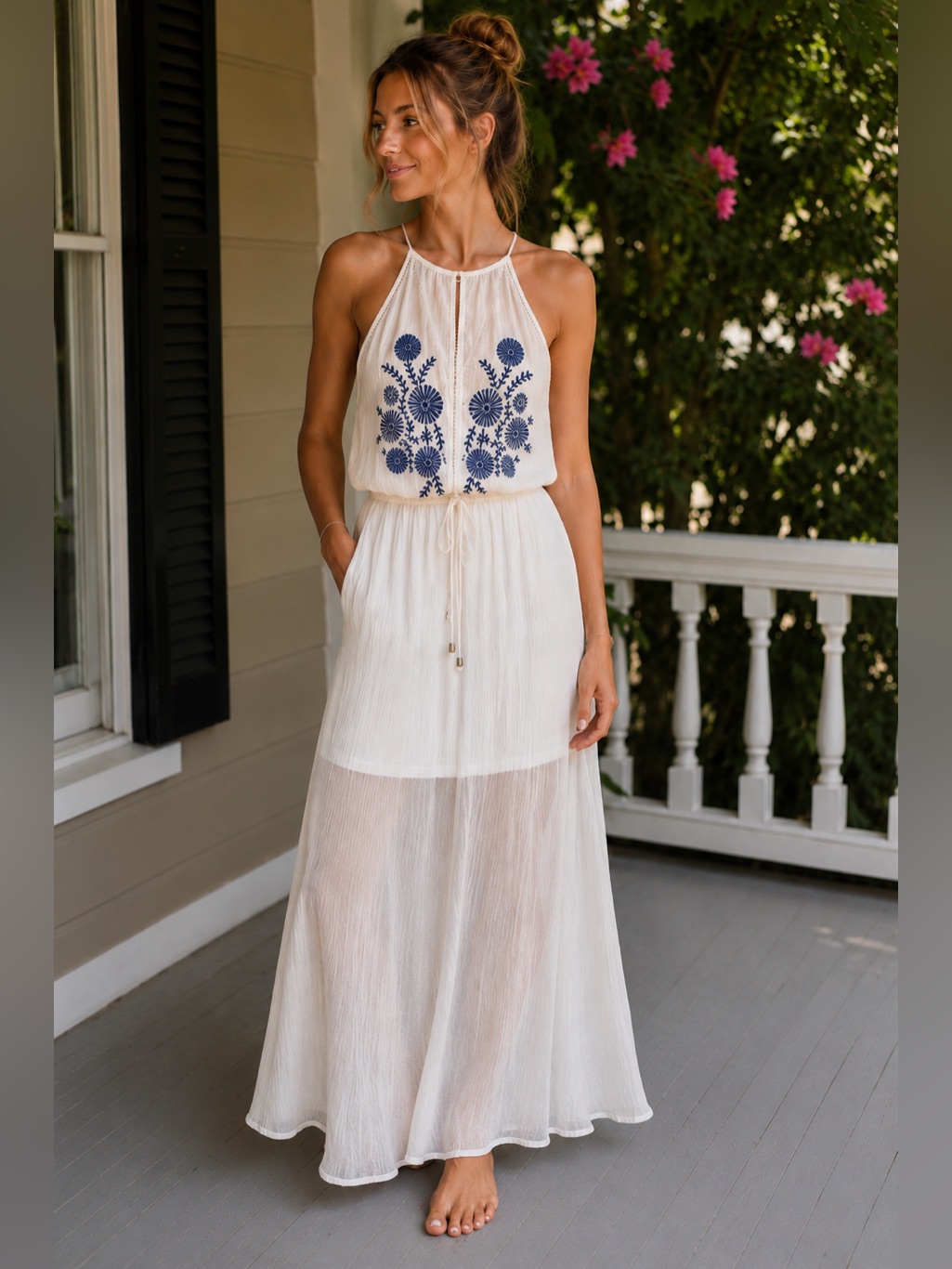 Romantic Ivory Blue Floral Embroidered Maxi Dress Small